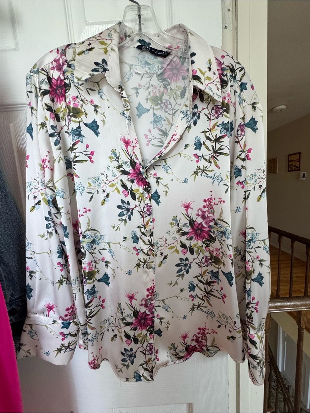 Zara Floral Button-Down Shirt - White with Pink & Green Floral Print